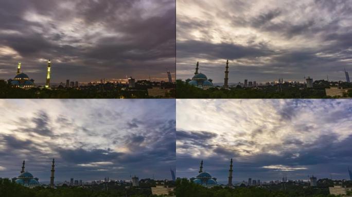 日落时4k uhd清真寺视频，吉隆坡城市景观为背景