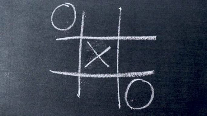 手握白色粉笔在黑板背景上绘制井字游戏，O是获胜的一方