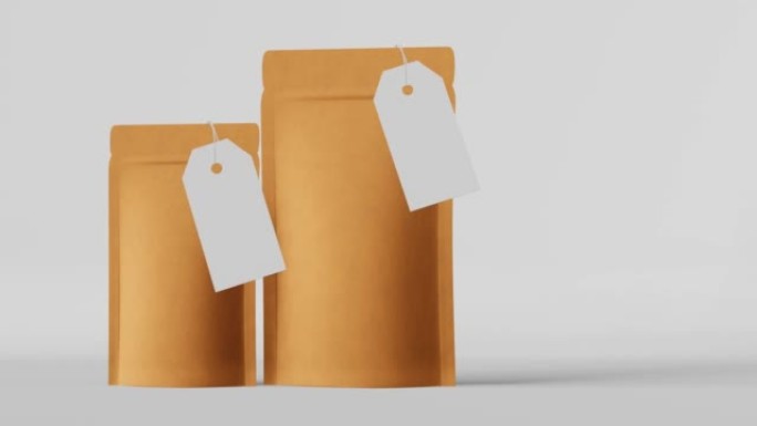 袋袋品牌模板价格标签模型白色背景3D动画渲染。商品包装设计商店销售报价
