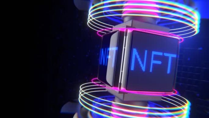 不可替代的NFT令牌。单色显示器上的NFT。平滑旋转立方体，并带有霓虹灯铭文。