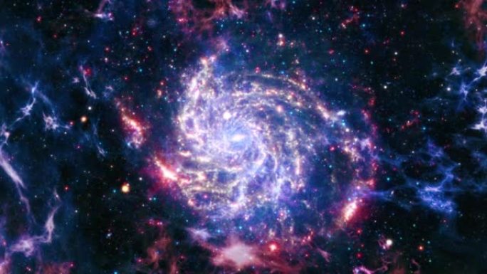 星系空间星云旅行飞行探索进入梅西耶101的一个星场。4K 3D飞越宇宙奇点大爆炸空间中的太空星系。抽