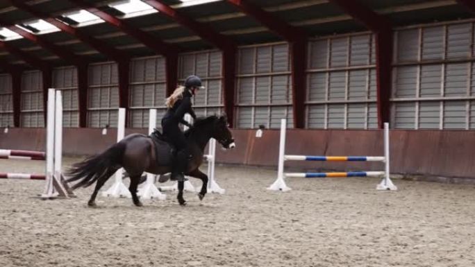 Equestrian Lady Rides a Horse Along the Indoor Are