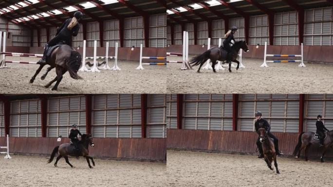 Equestrian Lady Rides a Horse Along the Indoor Are