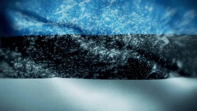 4K暴风雪/雪在爱沙尼亚国旗股票视频。冷淡的爱沙尼亚的旗帜。旋转/旋转的冰晶。雪花掠过爱沙尼亚国旗。