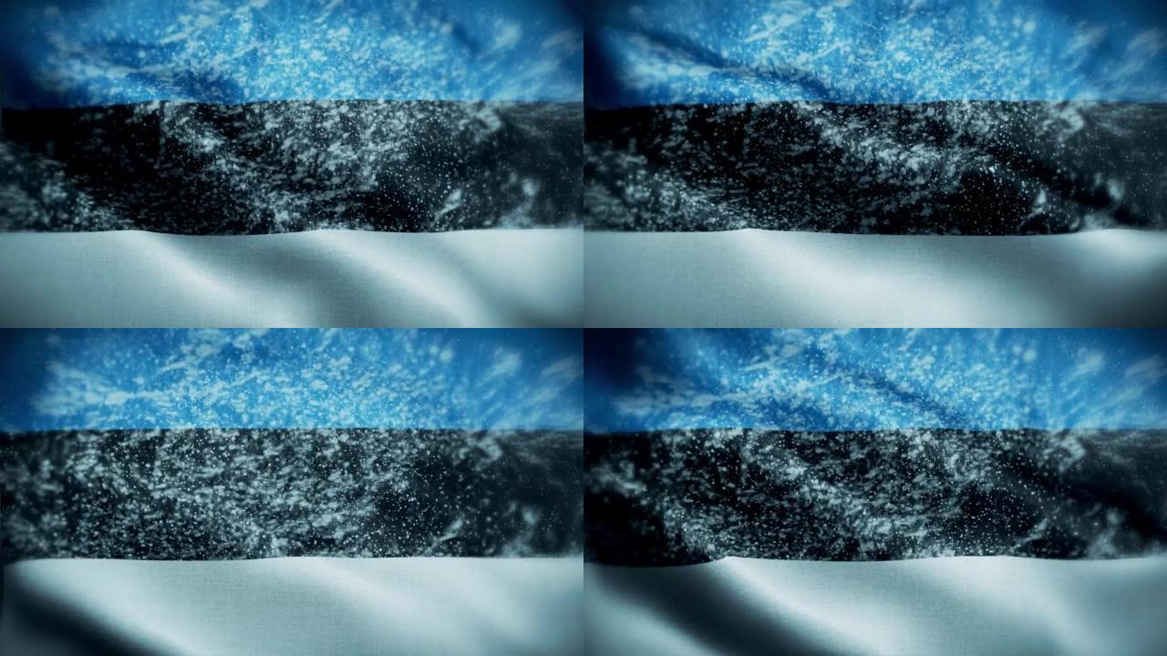 4K暴风雪/雪在爱沙尼亚国旗股票视频。冷淡的爱沙尼亚的旗帜。旋转/旋转的冰晶。雪花掠过爱沙尼亚国旗。