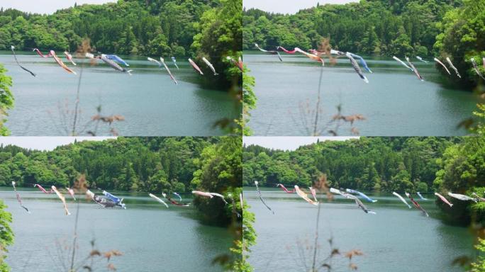 鲤鱼旗在住吉池塘游泳的风景