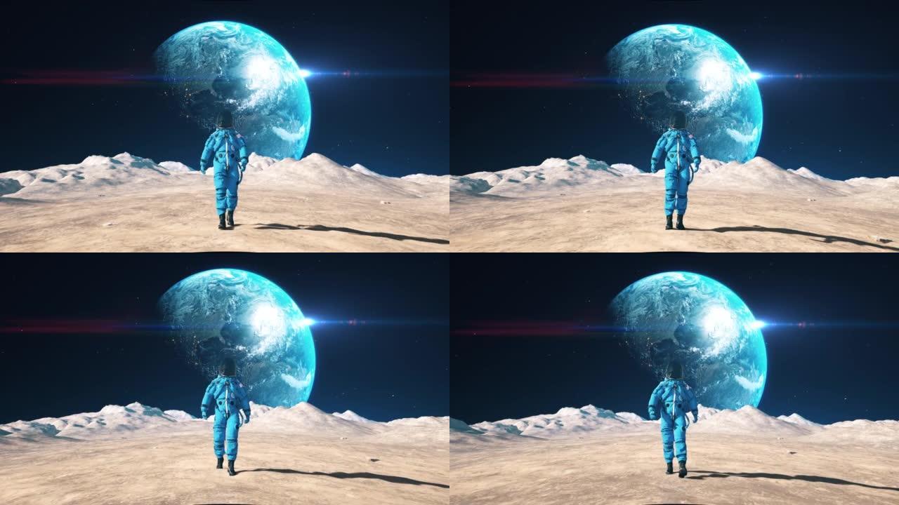 勇敢的宇航员行走在月球表面的环形山之间。
