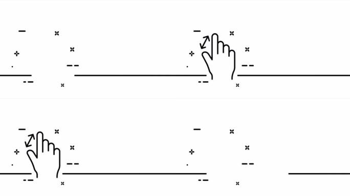 缩放。食指，减少，增加，滑动，滚动，点击，光标，箭头，传感器，按钮。紧迫的概念。一个线条画动画。运动
