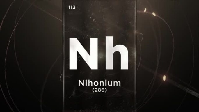 元素周期表的Nihonium (Nh) 符号化学元素，原子设计背景的3D动画