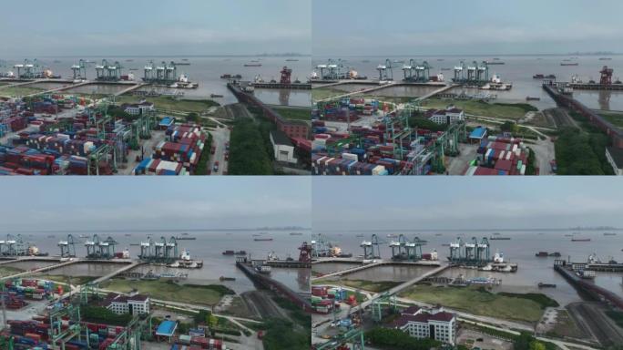 上海外高桥港的实时/鸟瞰图，这是一个装有集装箱的工业港口。