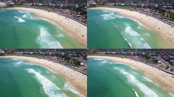 晴天，新南威尔士州悉尼标志性邦迪海滩的空中无人机回撤