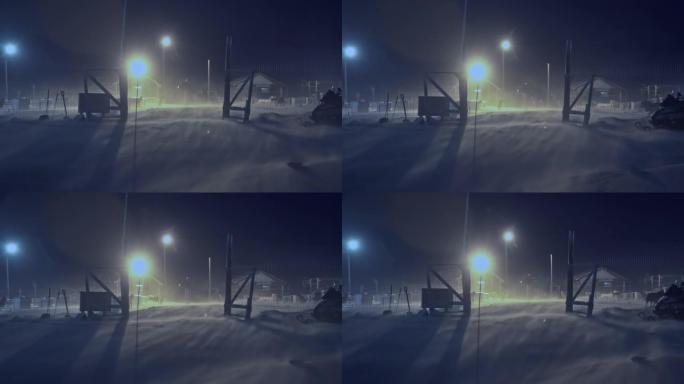 斯瓦尔巴特群岛朗伊尔城外一场暴风雪中的雪狗狗窝。
