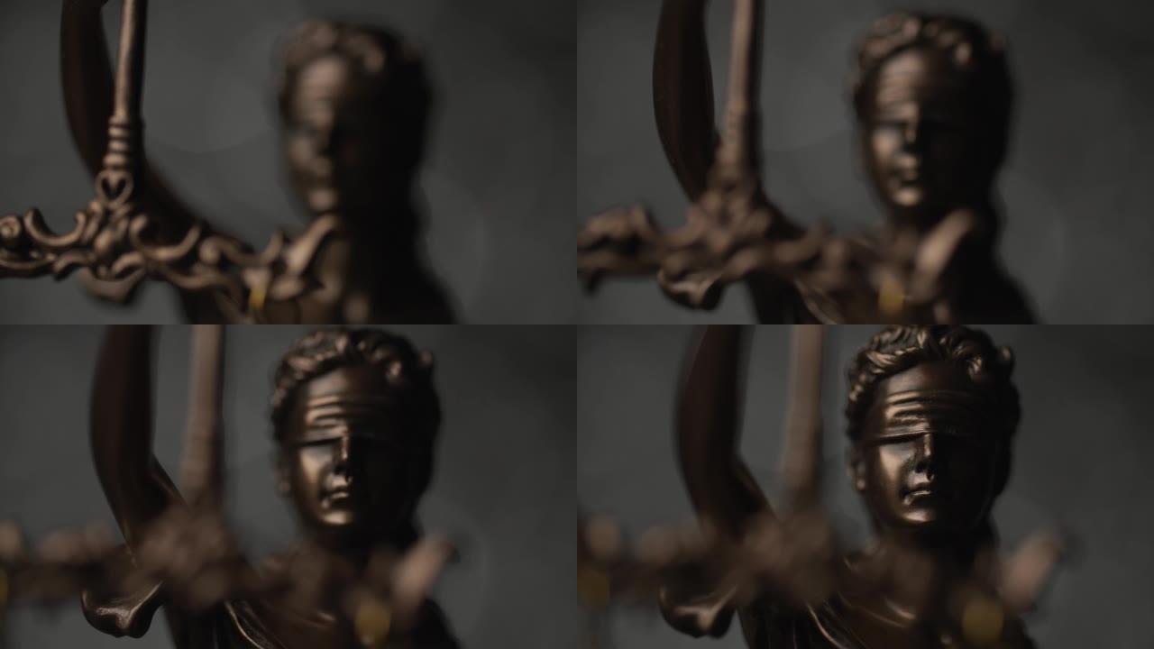 被蒙住眼睛的女神手持象征公正和权力的剑，缓慢旋转的国际青铜法律符号