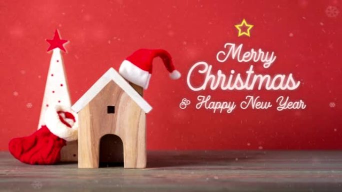 圣诞快乐新年快乐动画文本木制家庭戴圣诞老人帽子在木桌上生动的红色背景