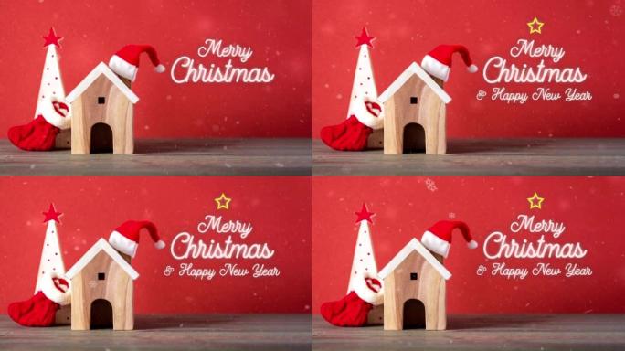 圣诞快乐新年快乐动画文本木制家庭戴圣诞老人帽子在木桌上生动的红色背景