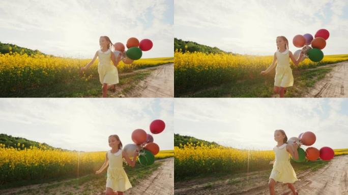 无忧无虑的女学生，气球在田野间奔跑