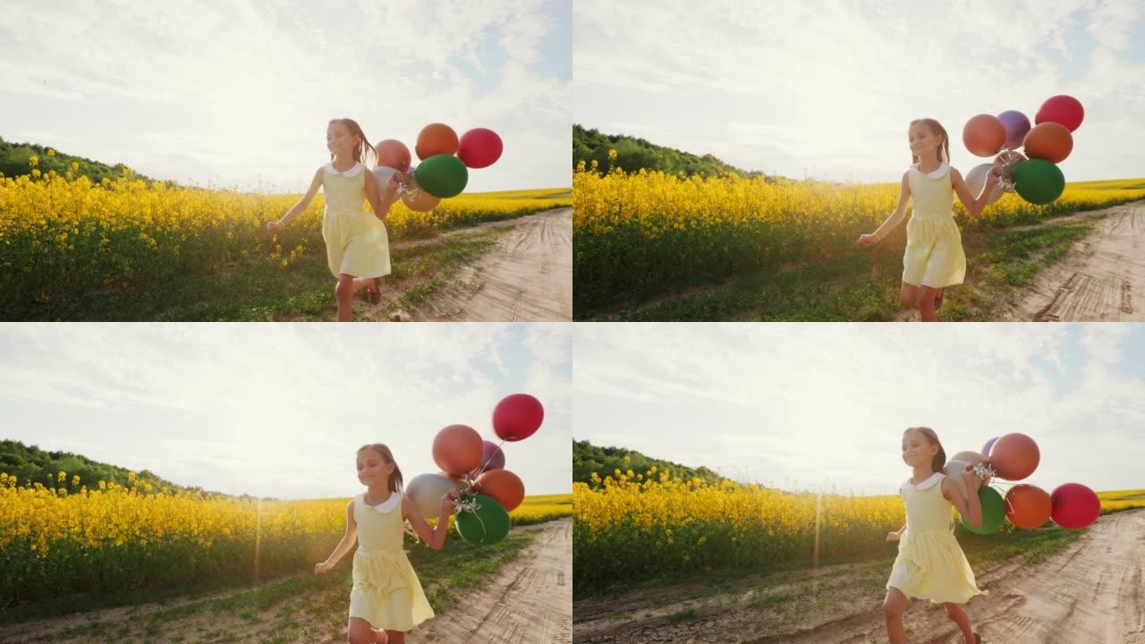 无忧无虑的女学生，气球在田野间奔跑
