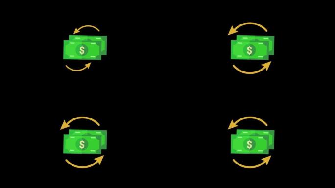 美元货币兑换图标循环动画与阿尔法通道，透明背景，ProRes 444
