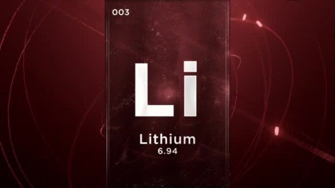 元素周期表的锂 (Li) 符号化学元素，原子设计背景的3D动画