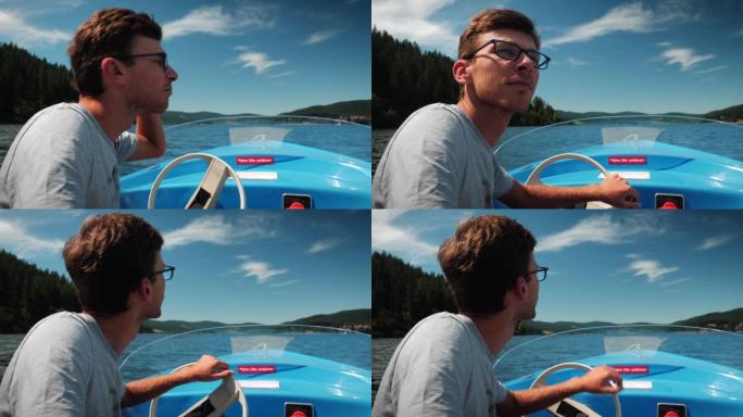 快乐的人在湖上乘船航行，转动轮子。暑假期间在湖上水上漂浮的男性游客。晴天在河上划船的人。暑假概念。旅