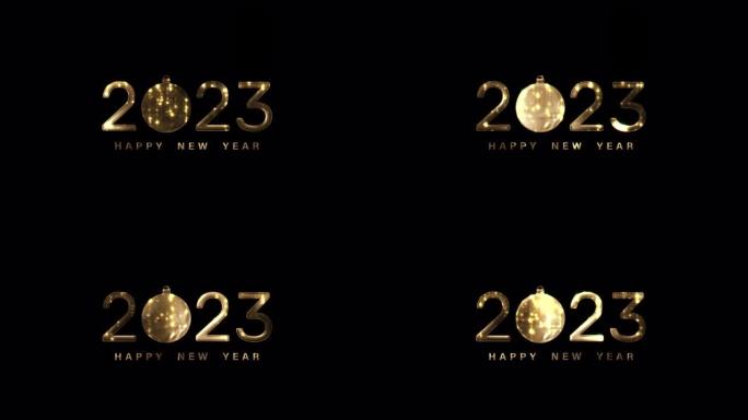 2023新年快乐金色闪耀的文本与黑色背景上的雪球动画。与alpha通道quicktime prore
