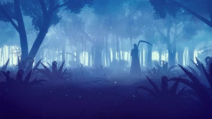 神奇迷雾夜森林中可怕的死神剪影