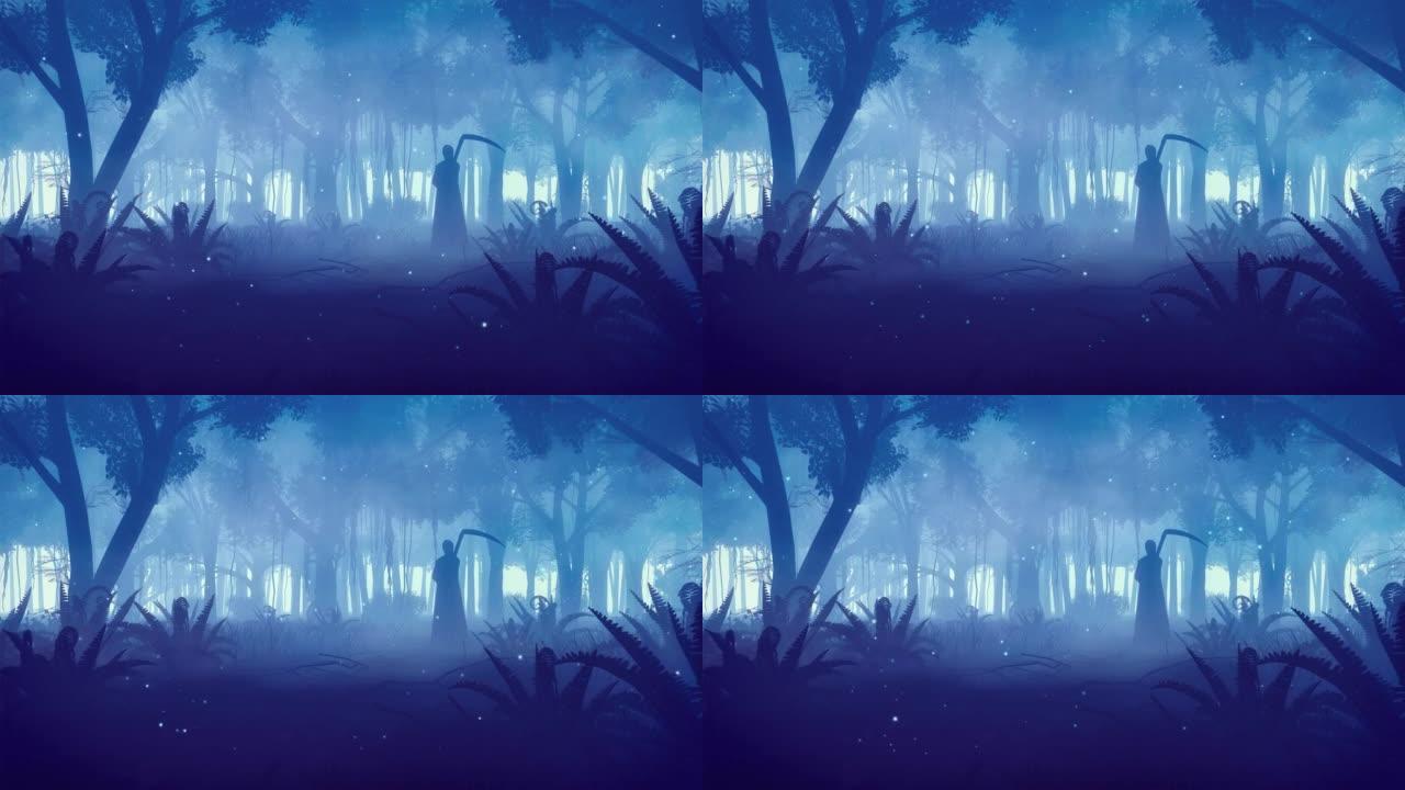 神奇迷雾夜森林中可怕的死神剪影