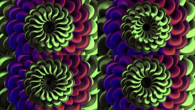 具有催眠作用的移动花的3D图案。动。催眠3d花朵图案与变化的花瓣。美丽的3d花朵移动和漂浮