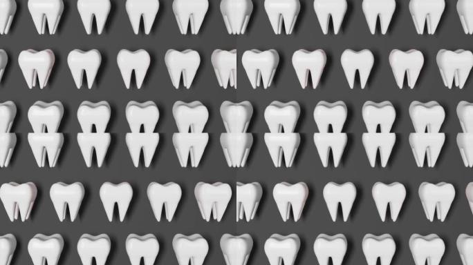 牙痛3D循环无缝动画在灰色背景。白色健康牙齿模式磨牙与疼痛全国牙医日智齿拔牙口腔护理恢复。牙科保险牙