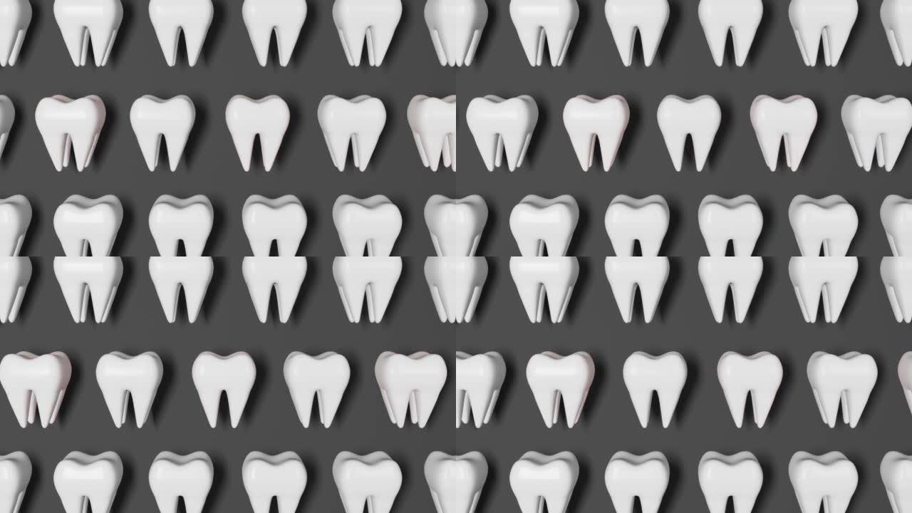 牙痛3D循环无缝动画在灰色背景。白色健康牙齿模式磨牙与疼痛全国牙医日智齿拔牙口腔护理恢复。牙科保险牙