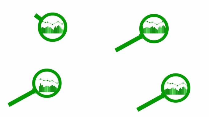 放大镜的动画绿色图标。数据图。放大镜的象征。分析的概念。循环视频。矢量插图孤立在白色背景上。