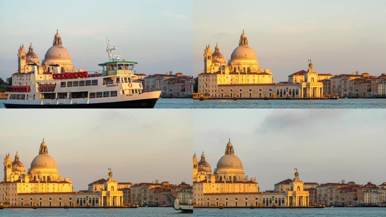 意大利威尼斯大运河交通和圣玛丽亚大教堂的延时日出场景