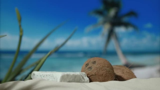 用椰子演示化妆品的石头讲台。美容产品展示基座。海洋、海滩、棕榈树