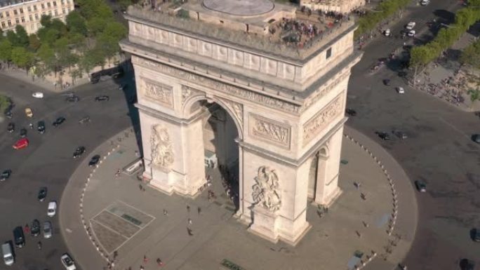 夏日巴黎城市飞行在著名的凯旋拱门广场交通圈空中全景4k法国