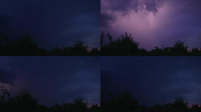 雷雨肆虐农村。深蓝色的天空从闪电变成紫色。村子里的夜晚。