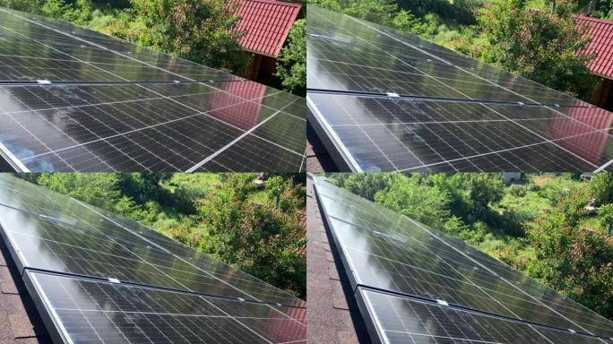 在农村住宅屋顶上安装光伏太阳能电池板的完成结果。清洁绿色可再生能源DIY