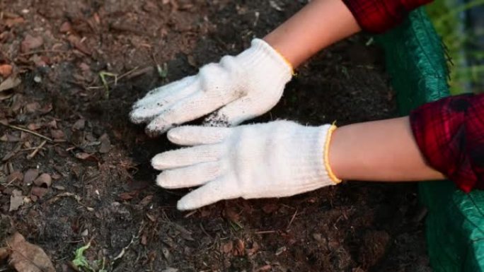 4k农民戴着白手套的手正在调整表土和堆肥。