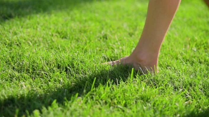 公园里，女性赤裸着双腿，沿着绿油油的草坪漫步。享受自然、生活、自由的理念。健康的生活方式。光脚和草地