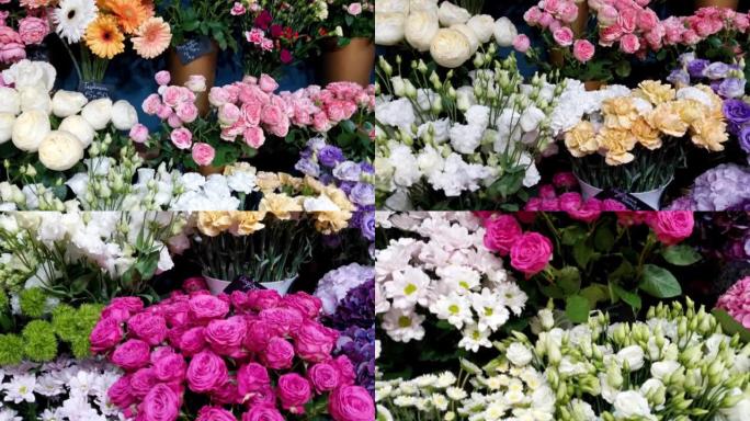 玫瑰花，绣球花，菊花和其他鲜花在花店的冰箱里。