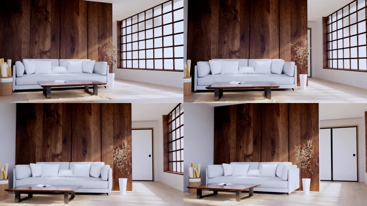日本热带设计和榻榻米地板上的白色沙发