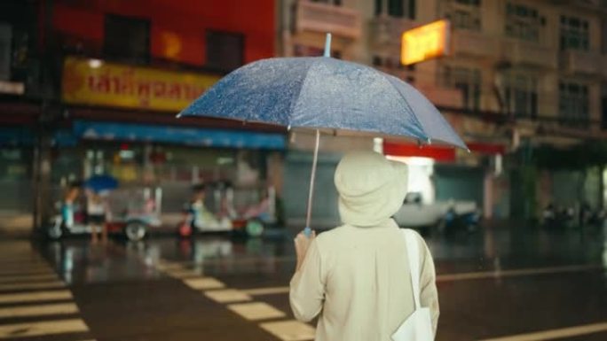 资深妇女在雨夜走夜市