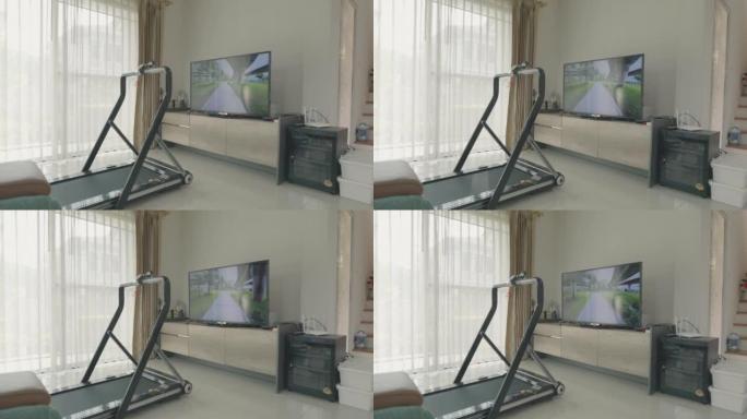 虚拟现实跑步机。未来体育锻炼在线课堂健身房在家与虚拟现实体验。
