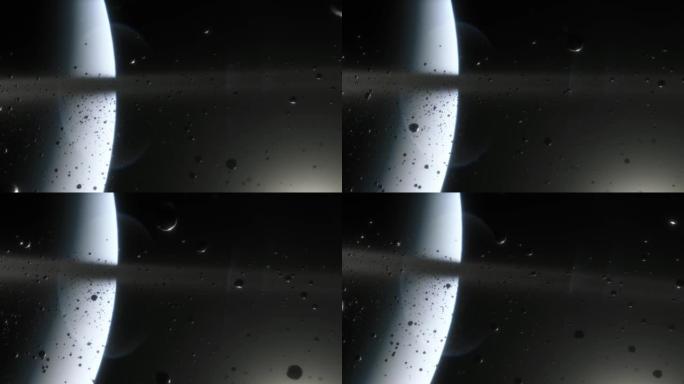 由岩石，灰尘和冰制成的土星环的电影动画。土星行星是太阳系的巨大行星，拥有美丽的环。行星附近的小行星场