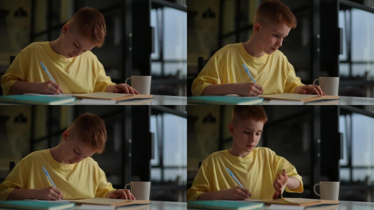 可爱的红发小学生男孩在家学习在练习册上写作业，在家学习。