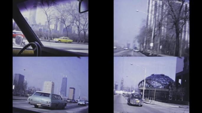 美国1971，开车时看到芝加哥摩天大楼