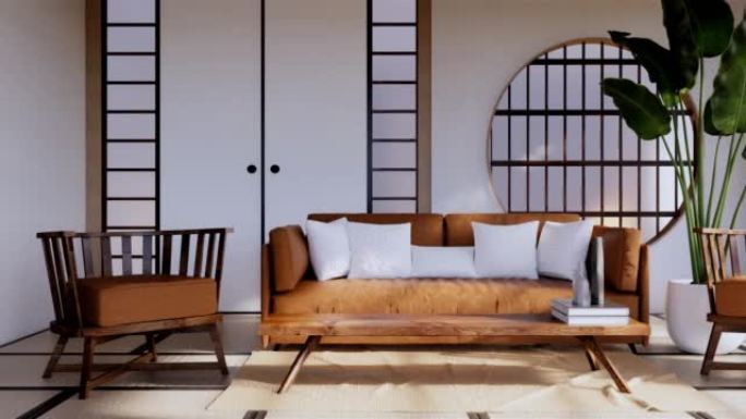 现代日本客厅内部，房间白色墙壁背景。3d渲染