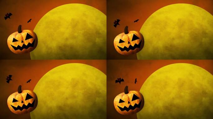 万圣节快乐，南瓜，蝙蝠和橙色背景的月亮