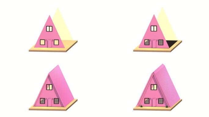 粉色小房子，3D动画。房地产和抵押贷款概念。