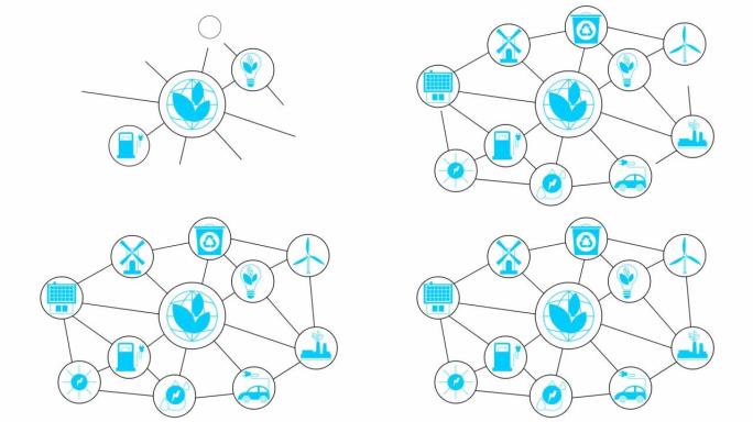白色圆圈中的动画平面生态图标。可持续能源、可再生能源、绿色技术、生态护理的扁平蓝色符号。白色背景上的