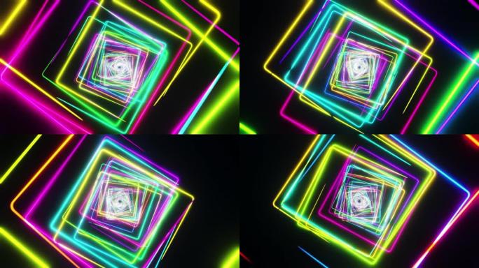 飞过画有五彩光的四边形。无限循环动画。